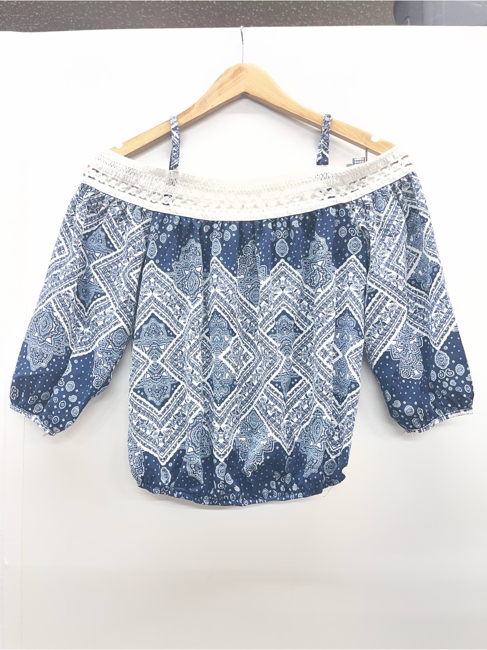 BCX Navy and White Off-Shoulder Printed Peasant Blouse